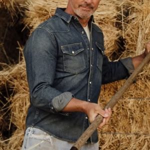 FLINT & TINDER BONE BUTTON WESTERN SHIRT DARK WASH DENIM